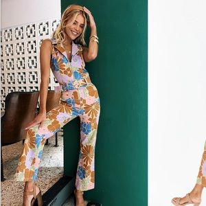 Mumu Cropped Jacksonville Jumpsuit Sage Retro Garden XS